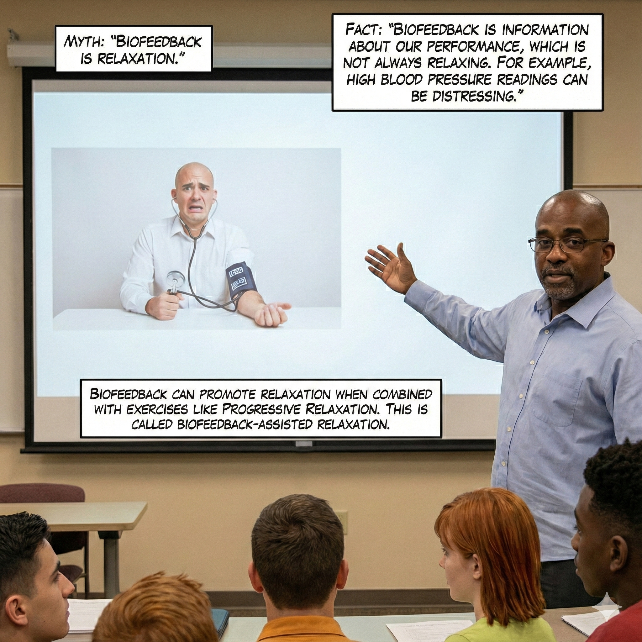 Real Genius comic strip illustrating biofeedback and relaxation